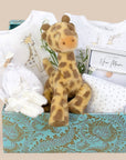 new mum gifts box with giraffe clothing set for a new baby, soft toy giraffe, bracelet for mum and baby booties.