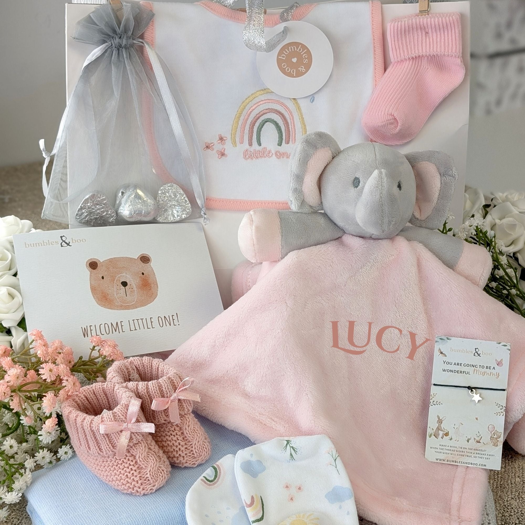 new mum hamper with elephant soft toy, baby socks, baby bib, muslin square, baby mittens, gifts for mum.