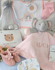 new mum hamper with elephant soft toy, baby socks, baby bib, muslin square, baby mittens, gifts for mum.