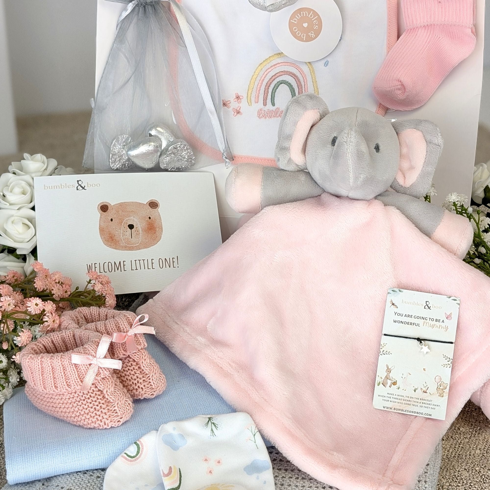 new mum hamper with elephant soft toy, baby socks, baby bib, muslin square, baby mittens, gifts for mum.