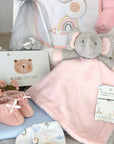 new mum hamper with elephant soft toy, baby socks, baby bib, muslin square, baby mittens, gifts for mum.