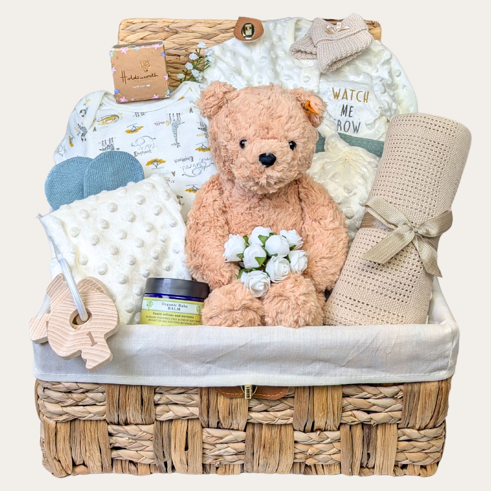 New Mum & Baby Luxury Steiff Teddy Gift Basket, Organic Baby Skincare, Clothing & Teething