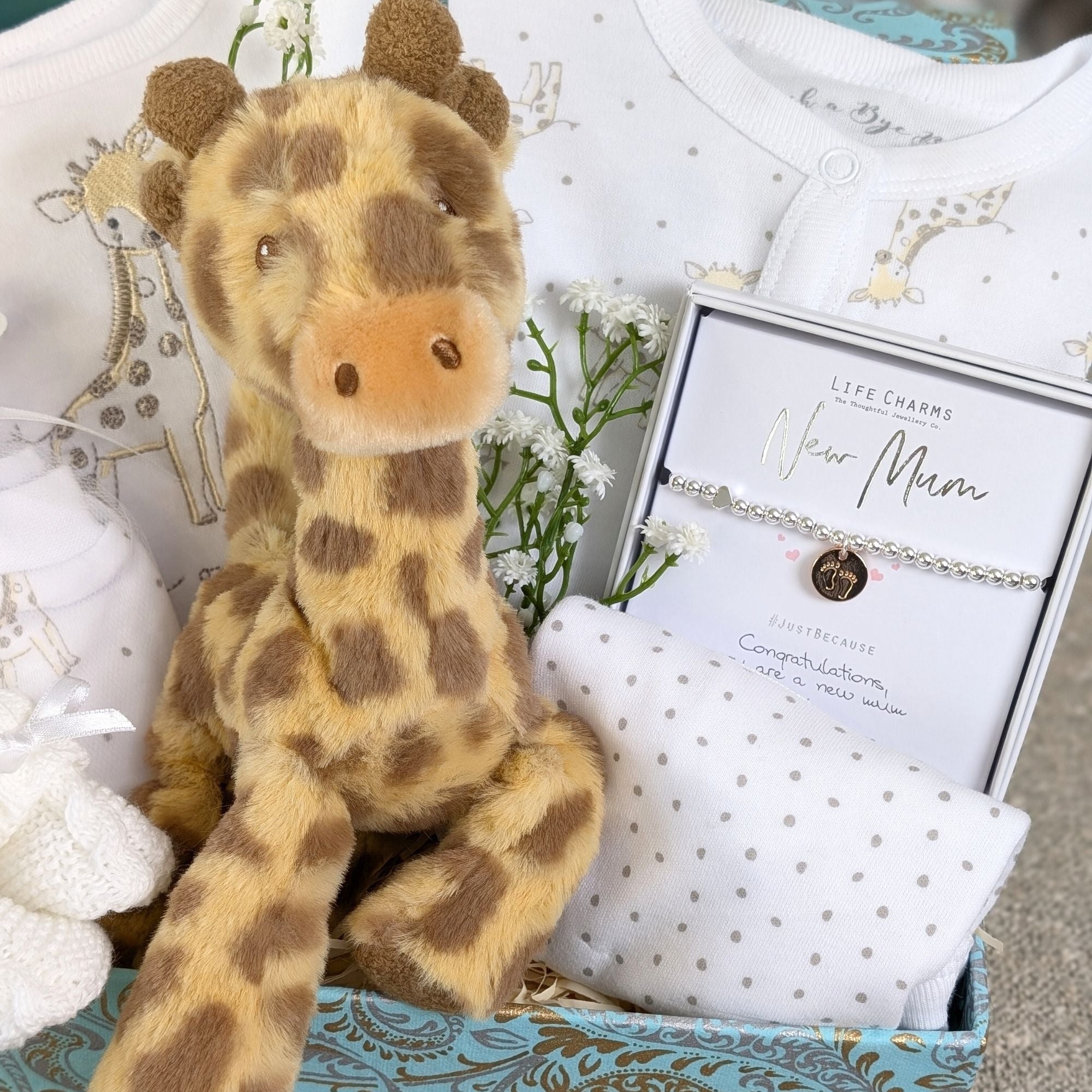 giraffe soft toy and new mum silver plated bracelet for mum