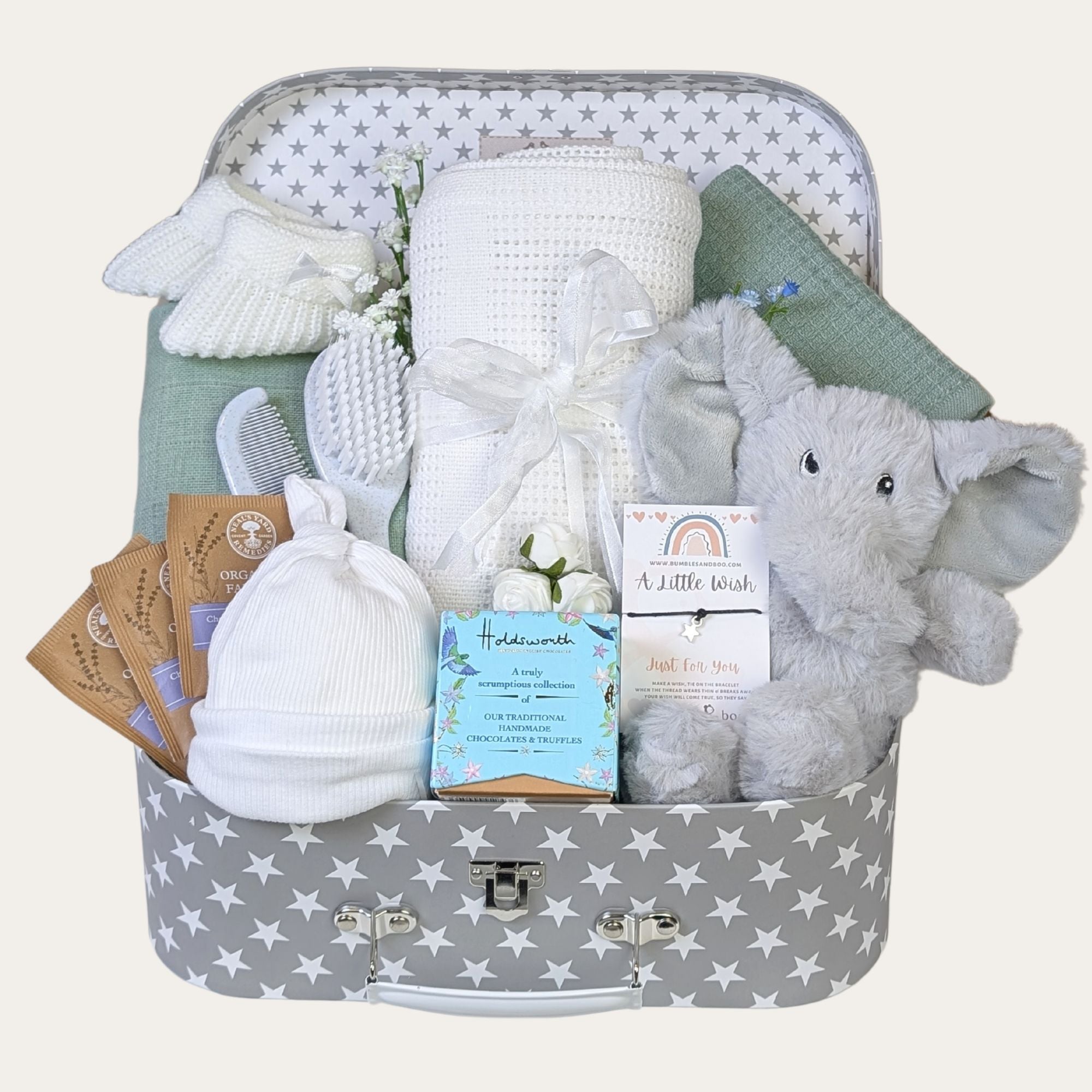 New Mum & Dad Keepsake Hamper, Chocolates, Relaxation Tea, Wish String & Essentials