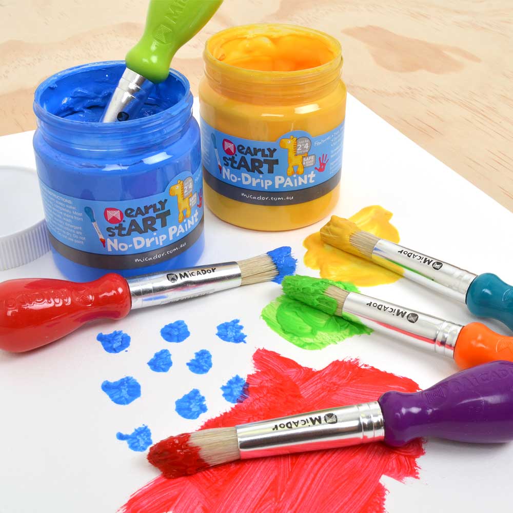 No-Drip Paint tubs in bright colours, thick creamy texture, safe and washable, perfect for kids aged 2+.