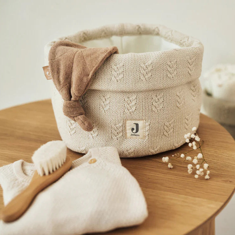 Eco friendly grain Knit Oatmeal Nursery Storage Basket. Stylish, sustainable, and perfect for organising baby essentials.