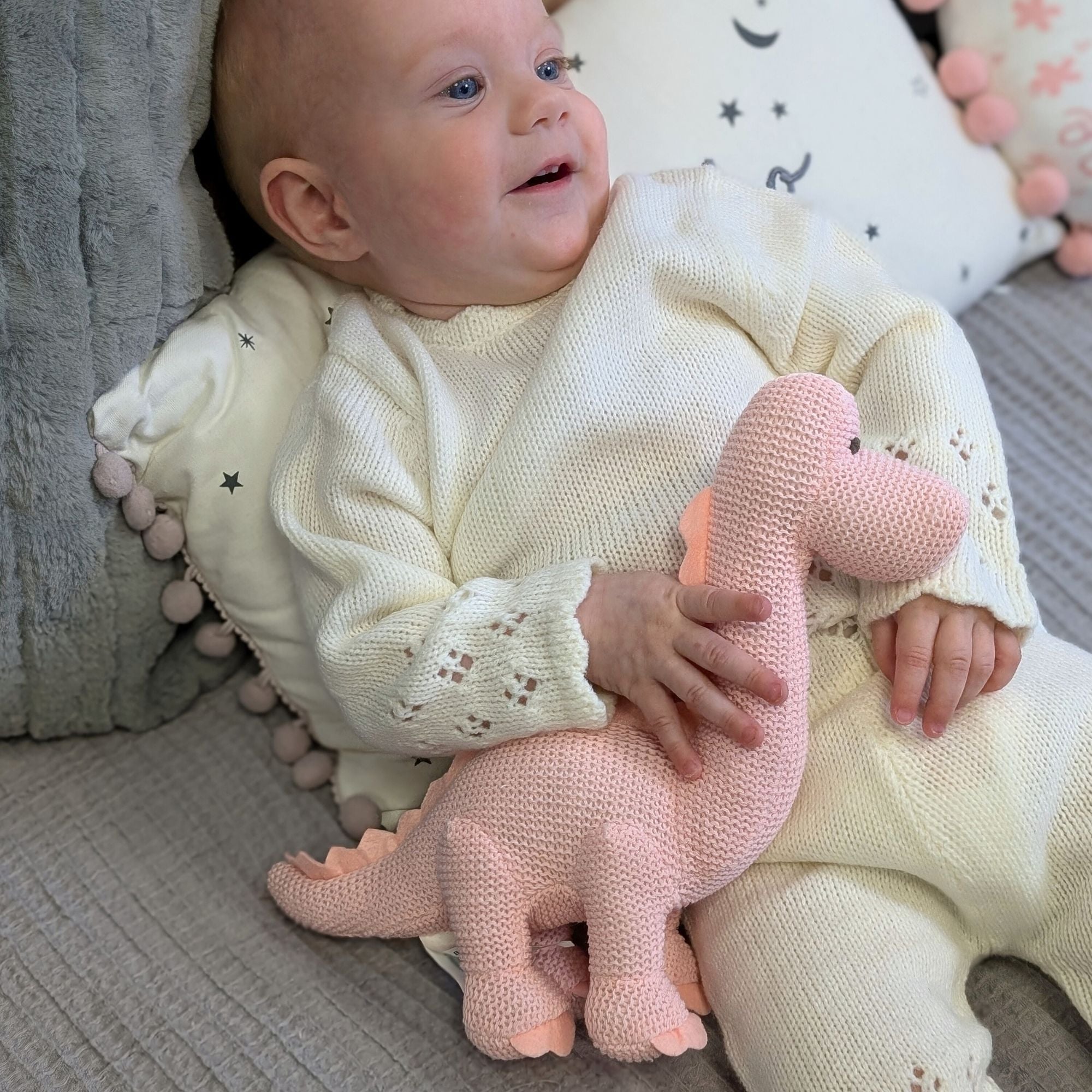 organic dinosaur soft toy knit baby rattle