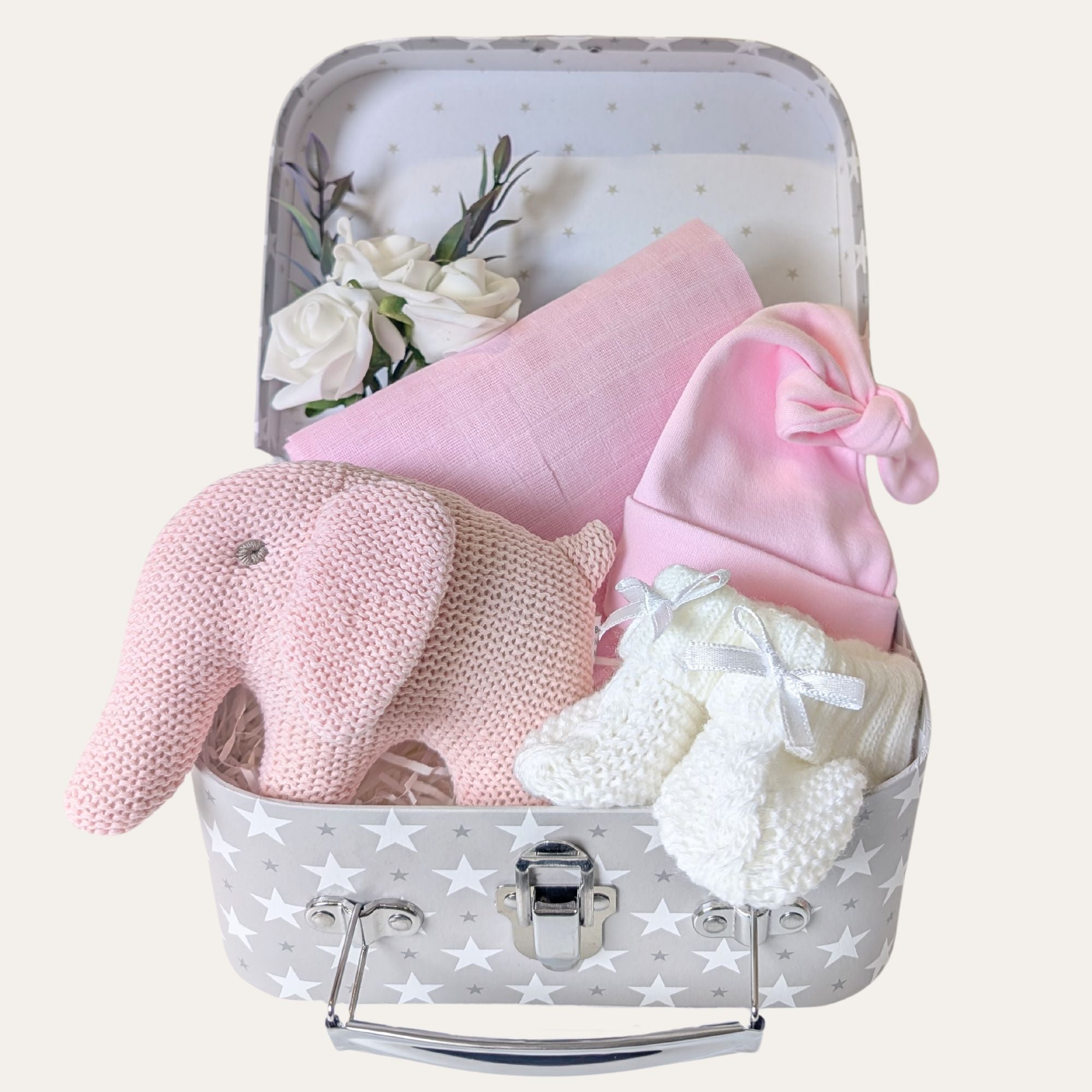 Baby Girl Keepsake Gift, Organic Elephant Rattle, Cotton Hat and Booties