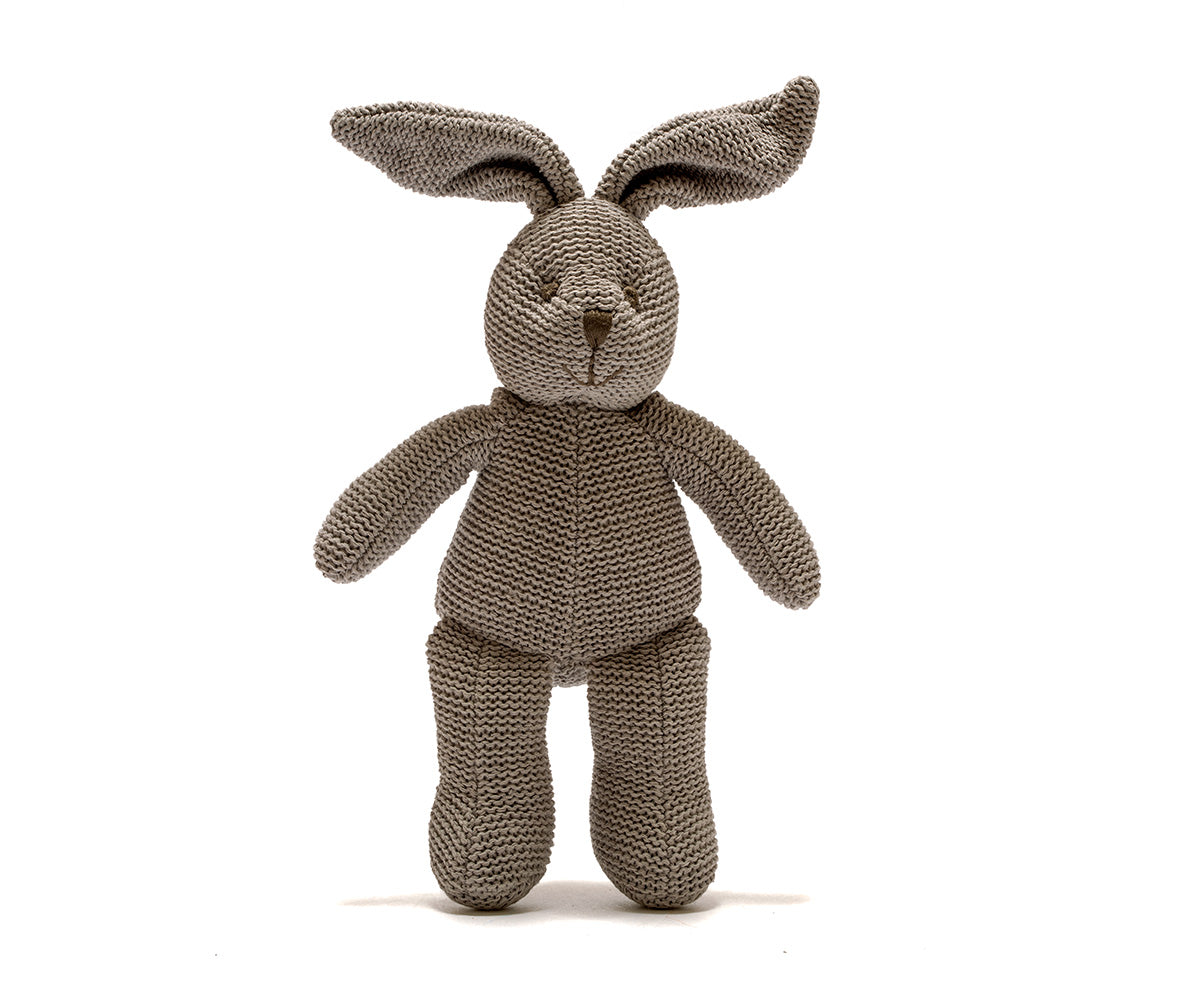 Grey soft organic knitted bunny rattle