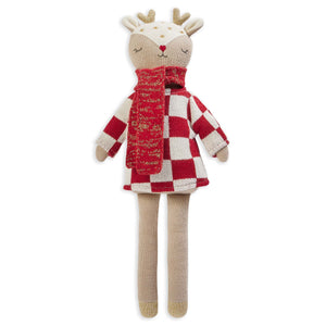 Knitted reindeer toy wearing a cosy checkerboard jumper and scarf with embroidered sparkly stars, red nose, and metallic details on ears and feet, made from 100% organic cotton and recycled polyester filling