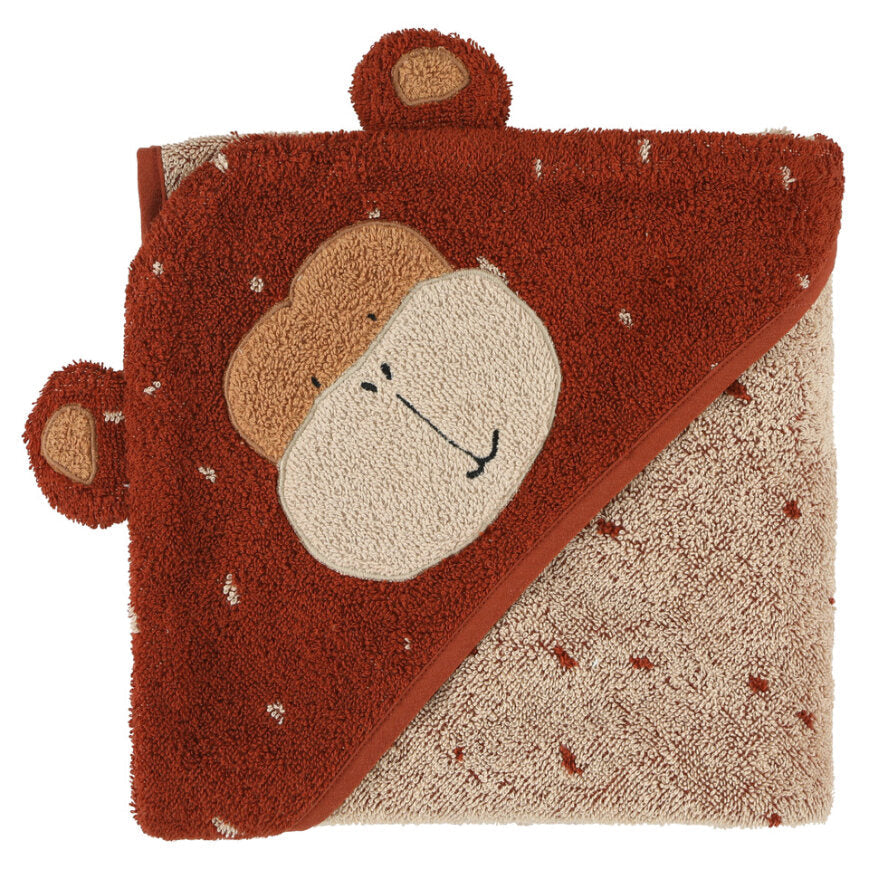 A soft brown  hooded towel with the face of a friendly monkey on the hood. The colour is brown