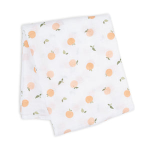 Large cotton muslin swaddle blanket with peach print measuring 100 x 100cm which can be used as a swaddling blanket, nursing cover up, buggie cover or burp cloth