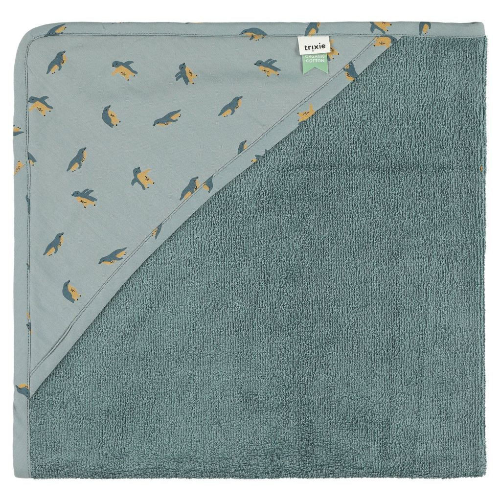 A petrol blue green organic hooded baby towel with cute penguin print