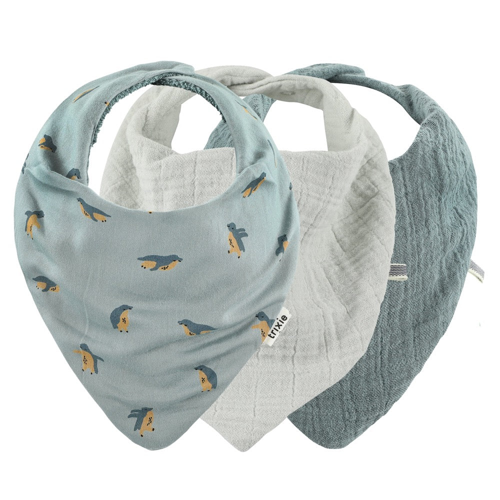 2 bandana bibs in solid grey and blue and a blue penguin pattern bandana bib