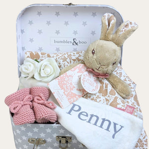 baby girl gifts trunk with signature flopsy bunny comforter and baby girl knit booties