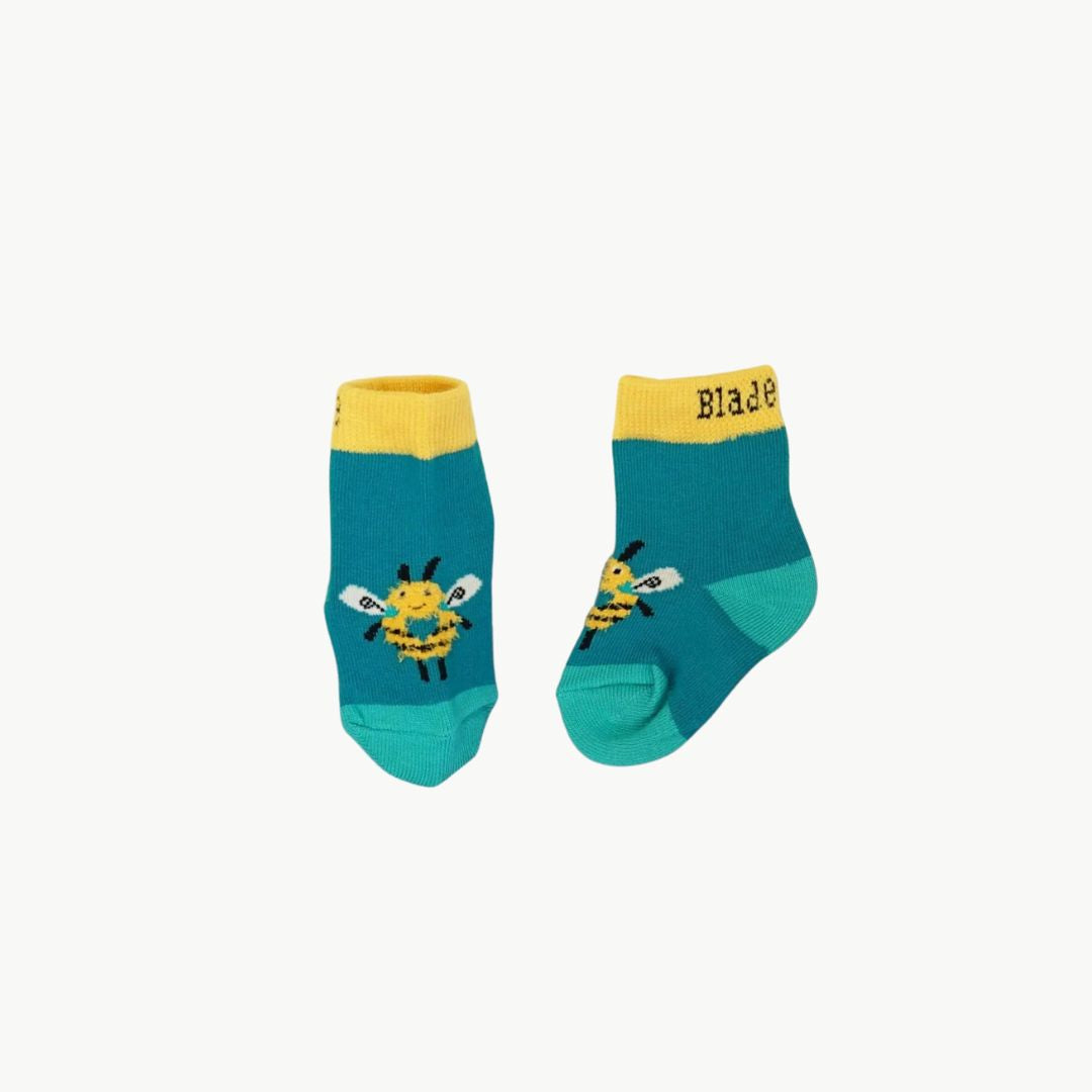 baby socks with bizzy bees in green and yellow