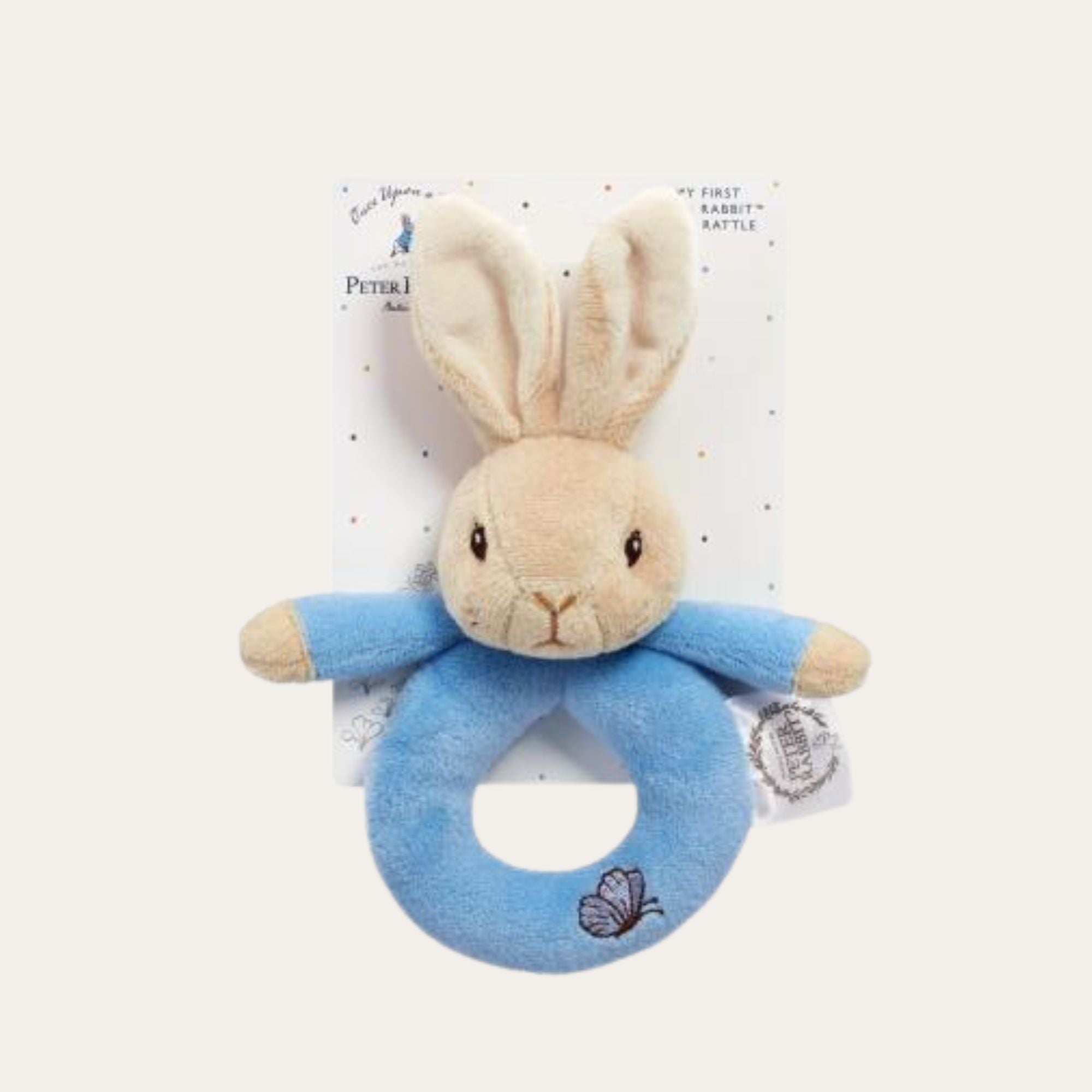 peter rabbit ring rattle blue