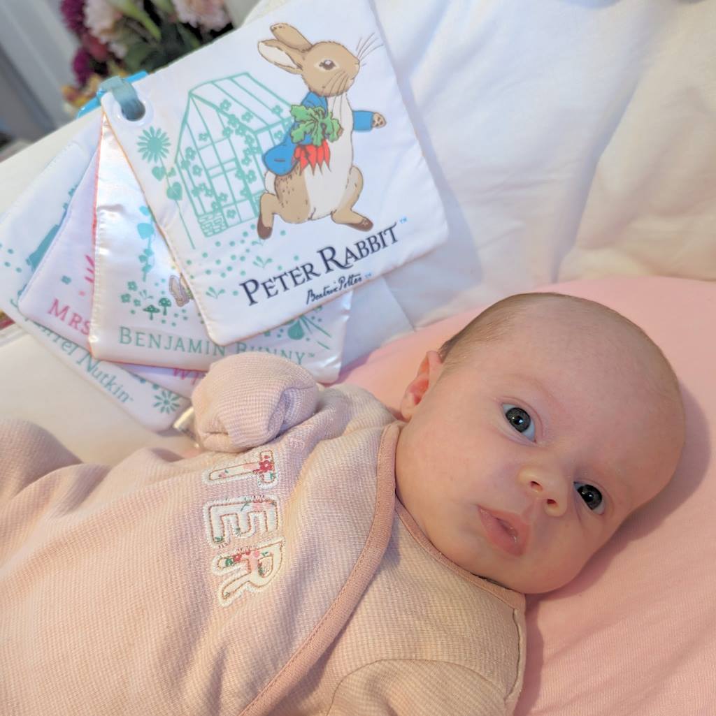 Peter Rabbit Play and Go Squares next to baby.