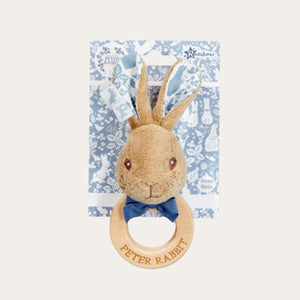 peter rabbit wooden ring rattle in blue