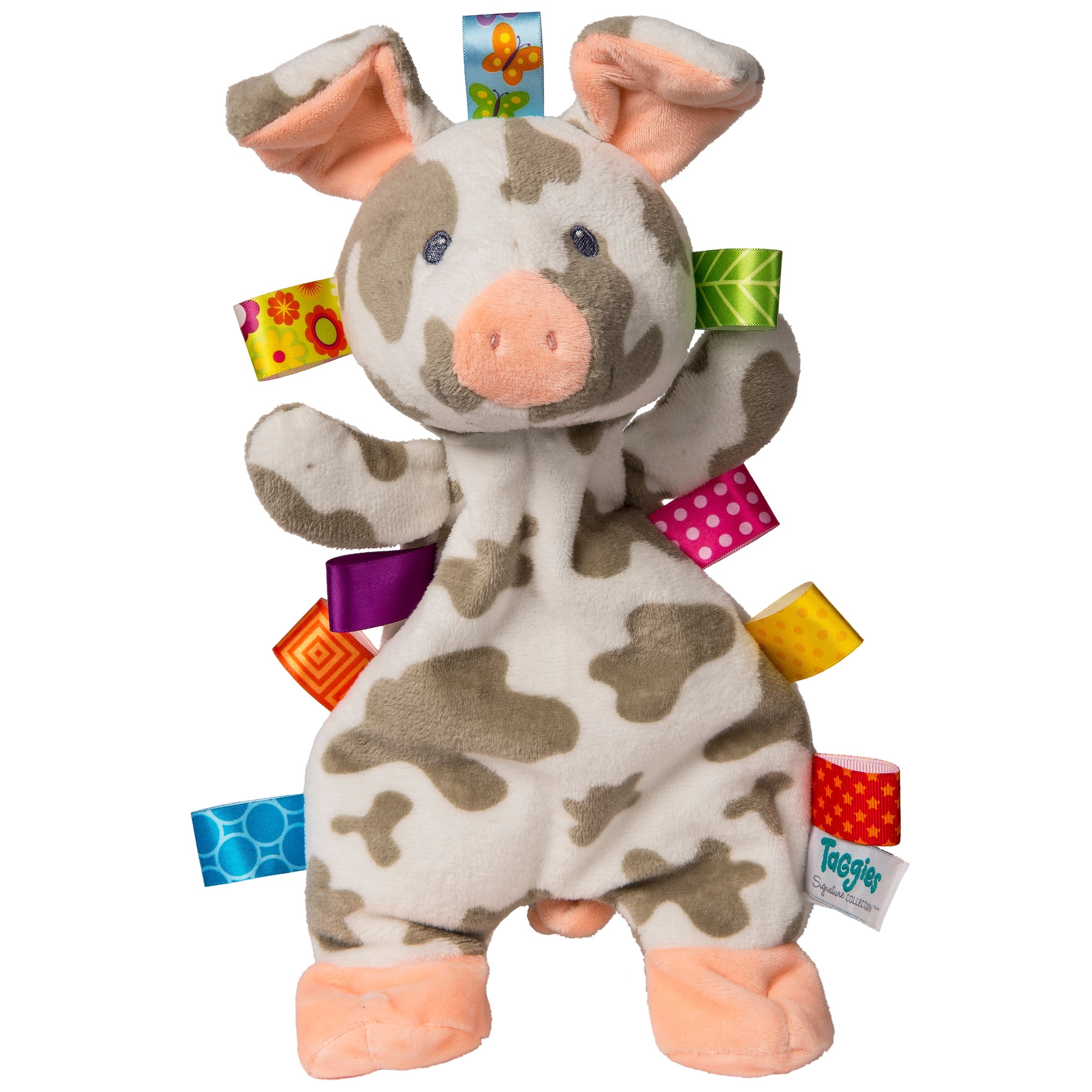 A soft piggy comforter lovey security toy with bright silky ribbons