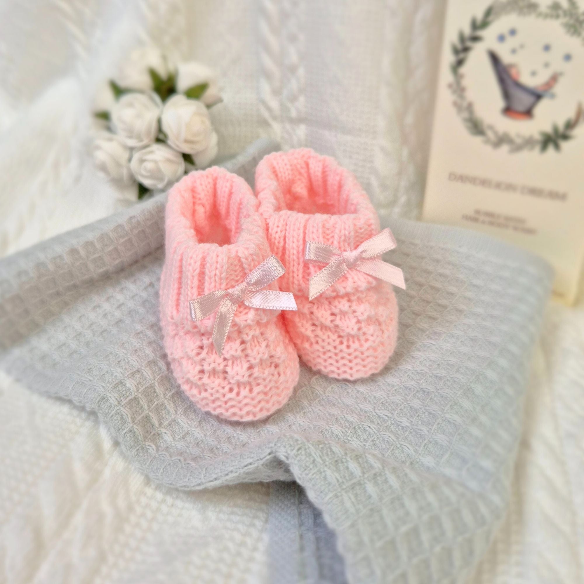 Soft pastel pink check knit baby booties. Age 0-6 months. Bumbles and boo. 