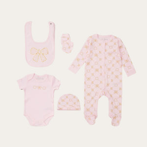 hearts and bows design new baby girl clothing gifts set. Vest, hat, bib, mittens and sleepsuit