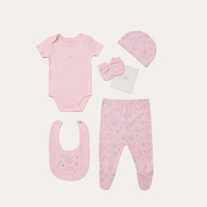 Little Princess pink baby girl 5-Piece 100% Cotton Clothing Gift Set with trousers, cosy bodysuit, matching hat, practical bib, and adorable mittens. Perfect for newborns