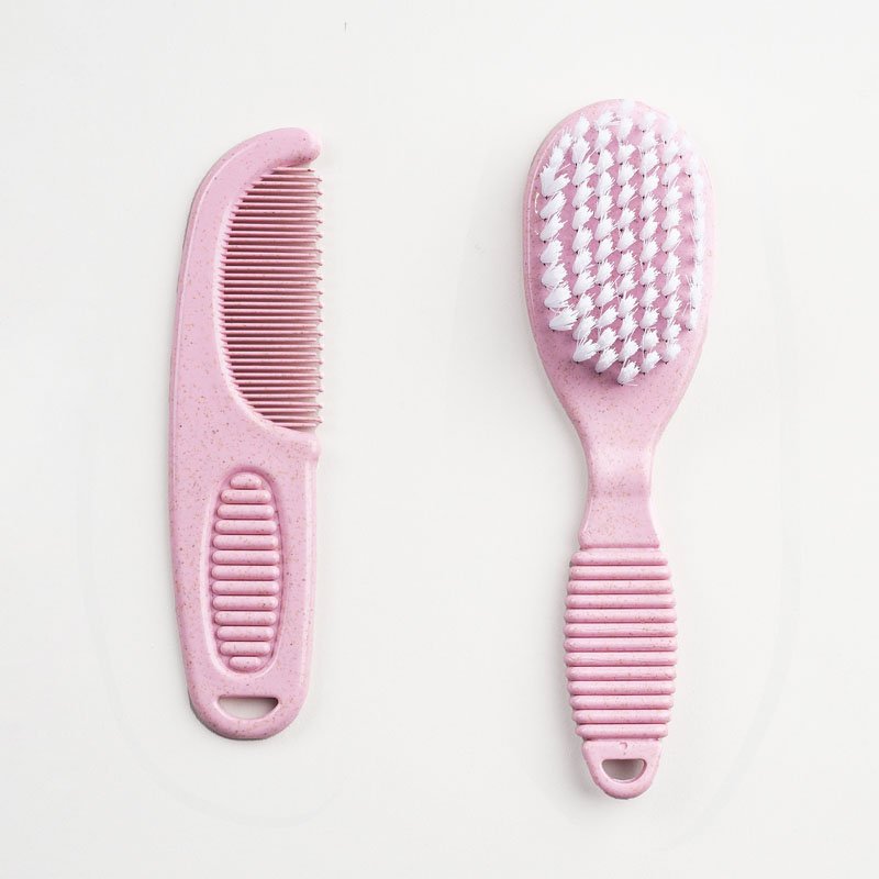 pink deluxe baby brush and comb set made from 80% PP and 20% wheat fibre, gentle and eco-friendly for delicate baby grooming