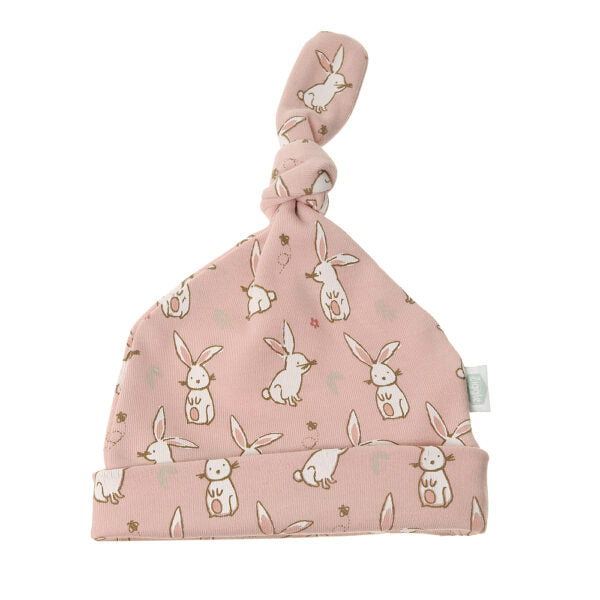 Pink knot hat with a pattern of cute white bunnies