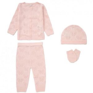 Baby Girls Knitted 4-Piece Pink Outfit, perfect for newborns aged 0-3 and 3-6 months. Includes hat, mittens, trousers, and top—cozy and stylish for any occasion