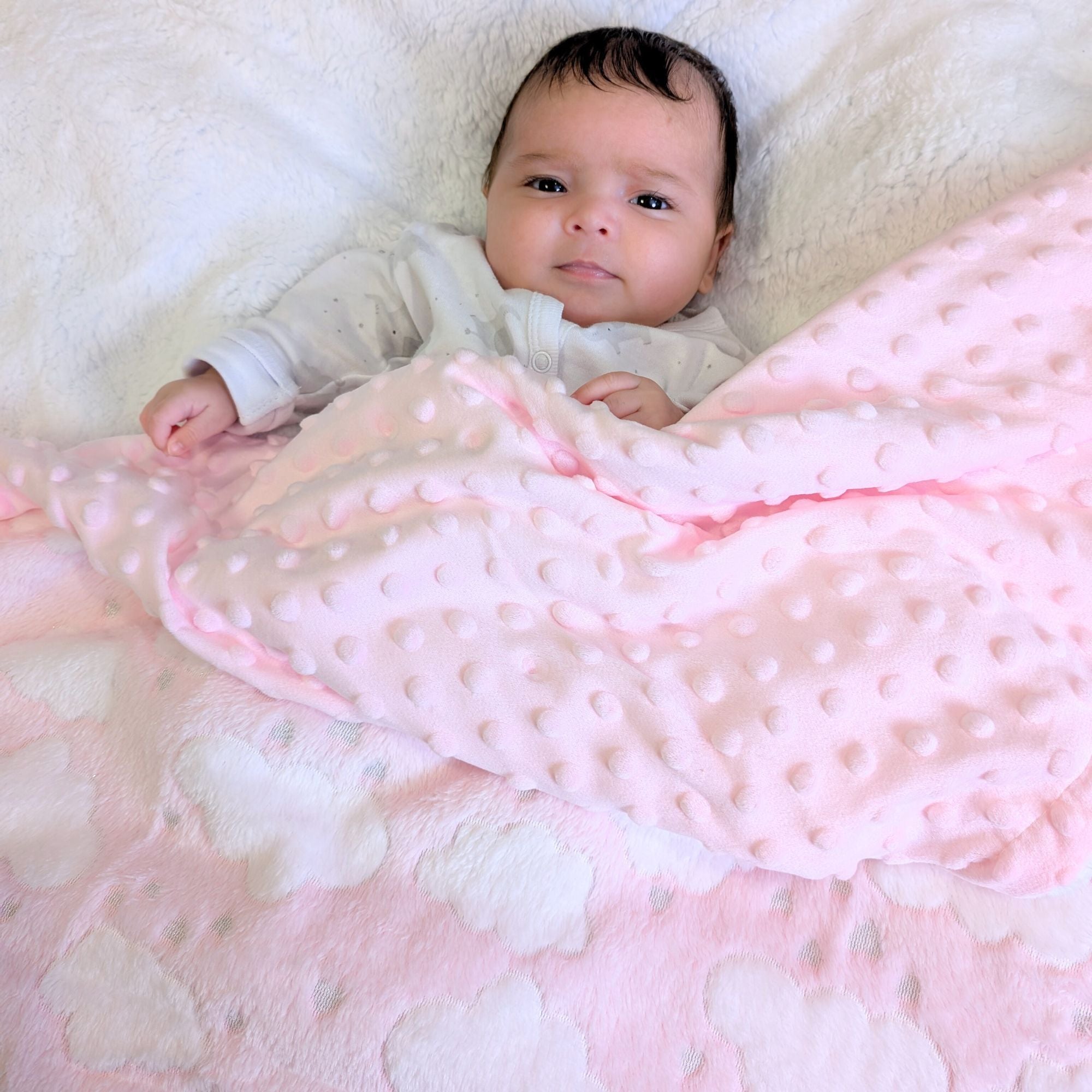 Soft pink cloud blanket wrap with dimple back bumbles and boo