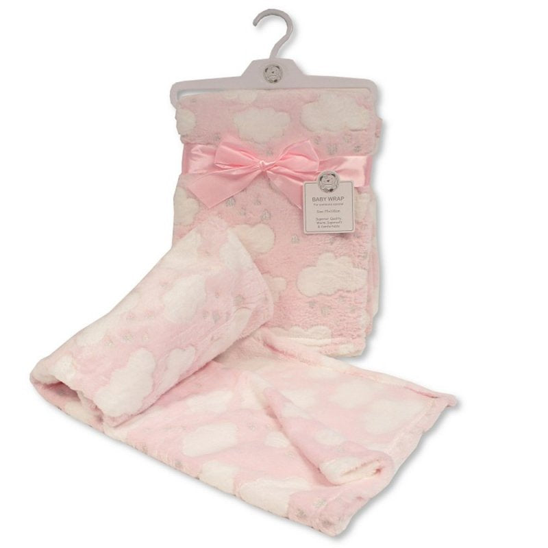 Soft pink baby blanket wrap with a white cloud pattern