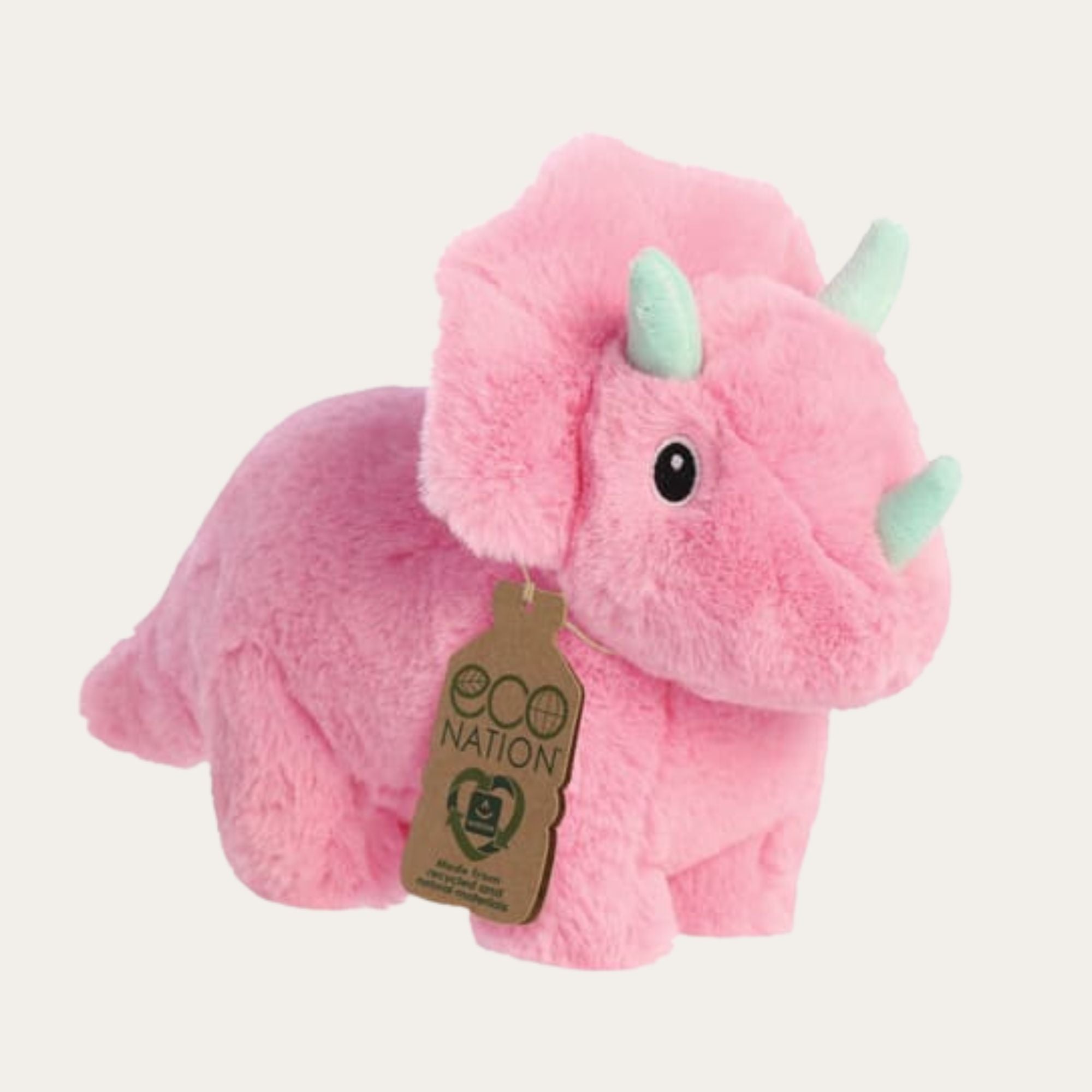 Soft cuddly pink recycled triceratops soft toy suitable from birth 