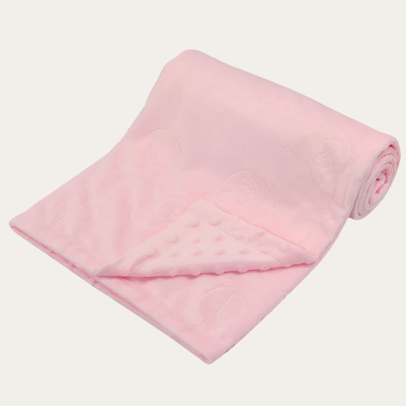 pink mink baby blanket with elephant embossed front and bubble wrap back – 75 x 100cm.