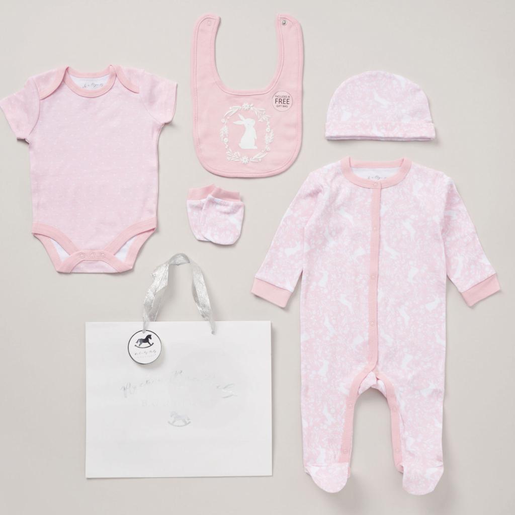 pink baby girl 5 piece clothing gifts set with pink bunny print and which a cute white bunny on the bib Bumbles and Boo