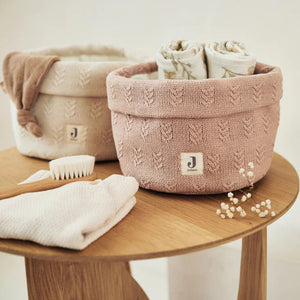 Organised changing table featuring the Wild Rose Grain Knit Storage Basket