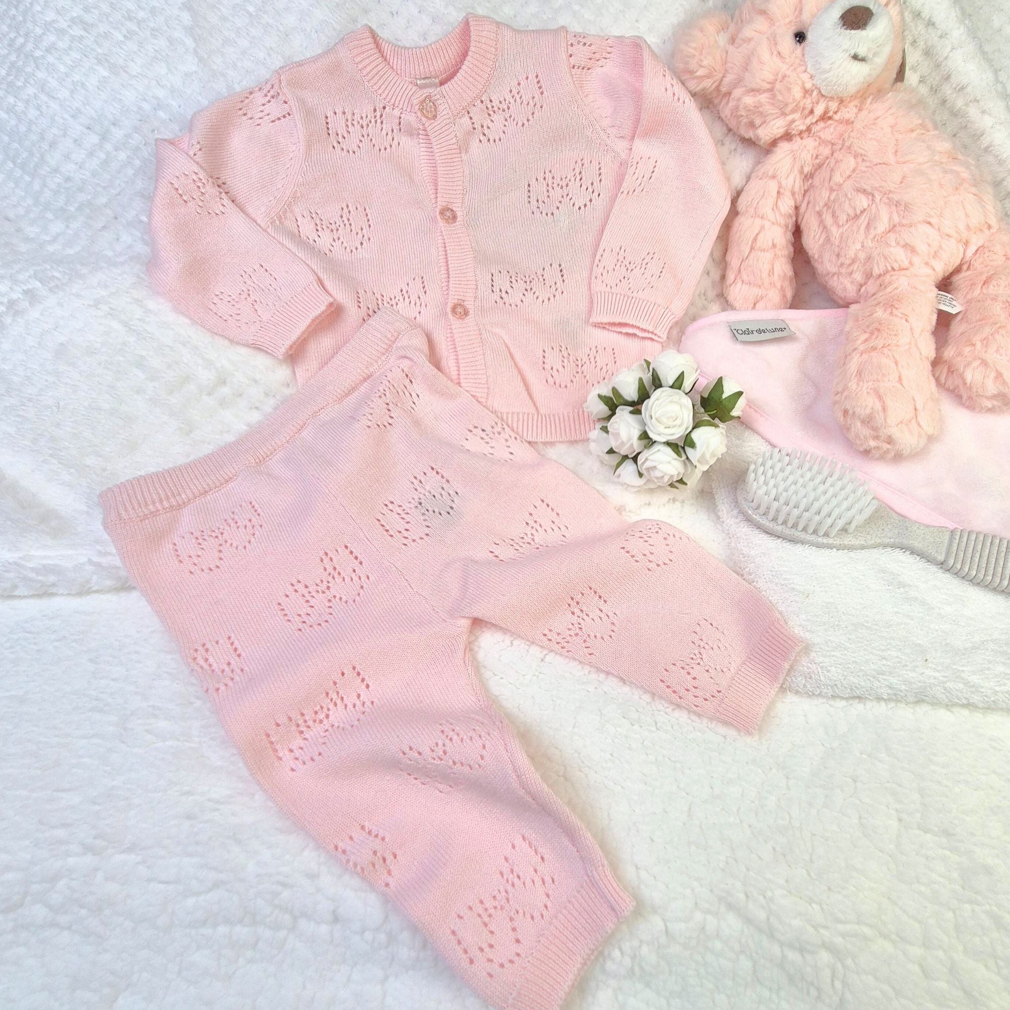 Pink Soft Knitted Baby Cardigan & Trouser Set with stitched bow detail. 0-12 months. 