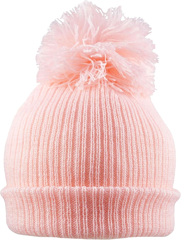 Soft pink rib knit baby pom-pom hat, designed for newborns and babies aged 0-3 months. Cozy, breathable, and perfect for keeping your baby warm and stylish.