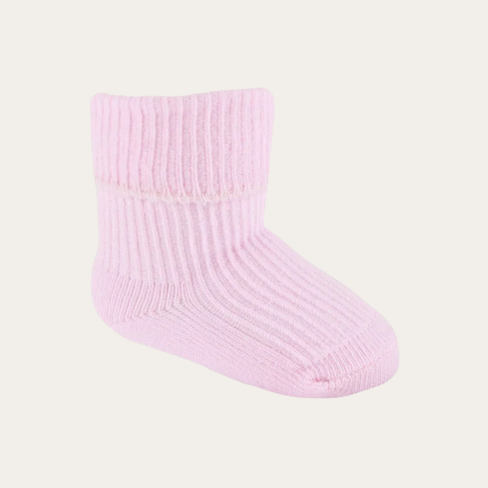 Soft pink baby socks with a plain turnover cuff, designed for 0-3 months, perfect for keeping tiny feet cosy and stylish