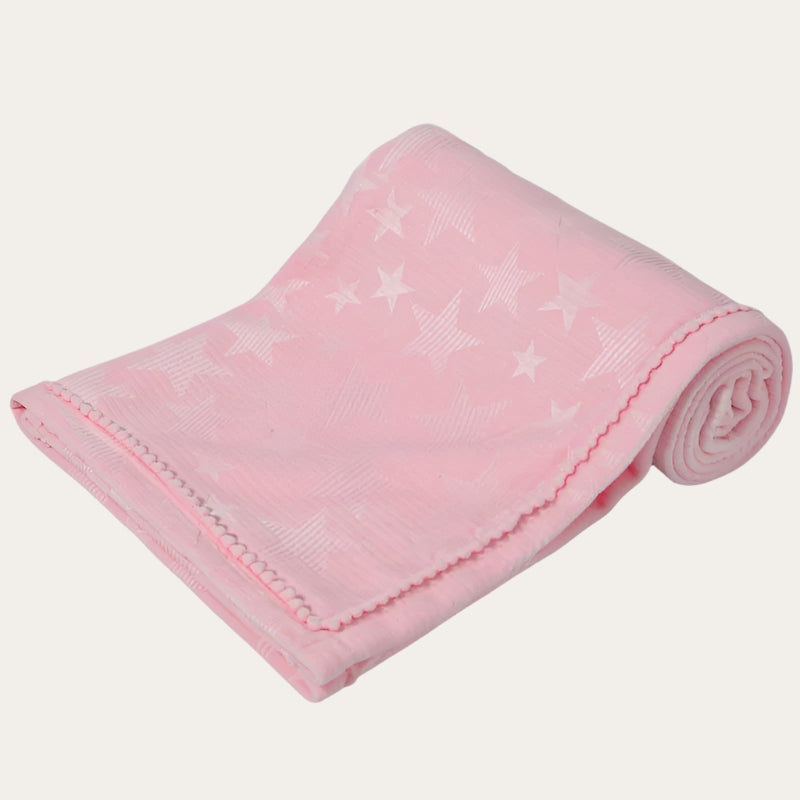 pink star embossed mink wrap with pom pom trim – baby blanket 75 x 90cm