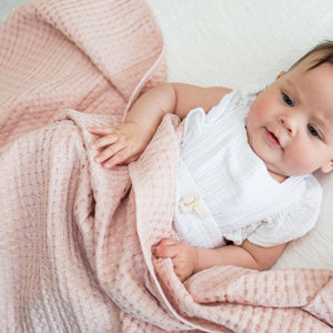 dusky pink baby waffle blanket. Bumbles and Boo.