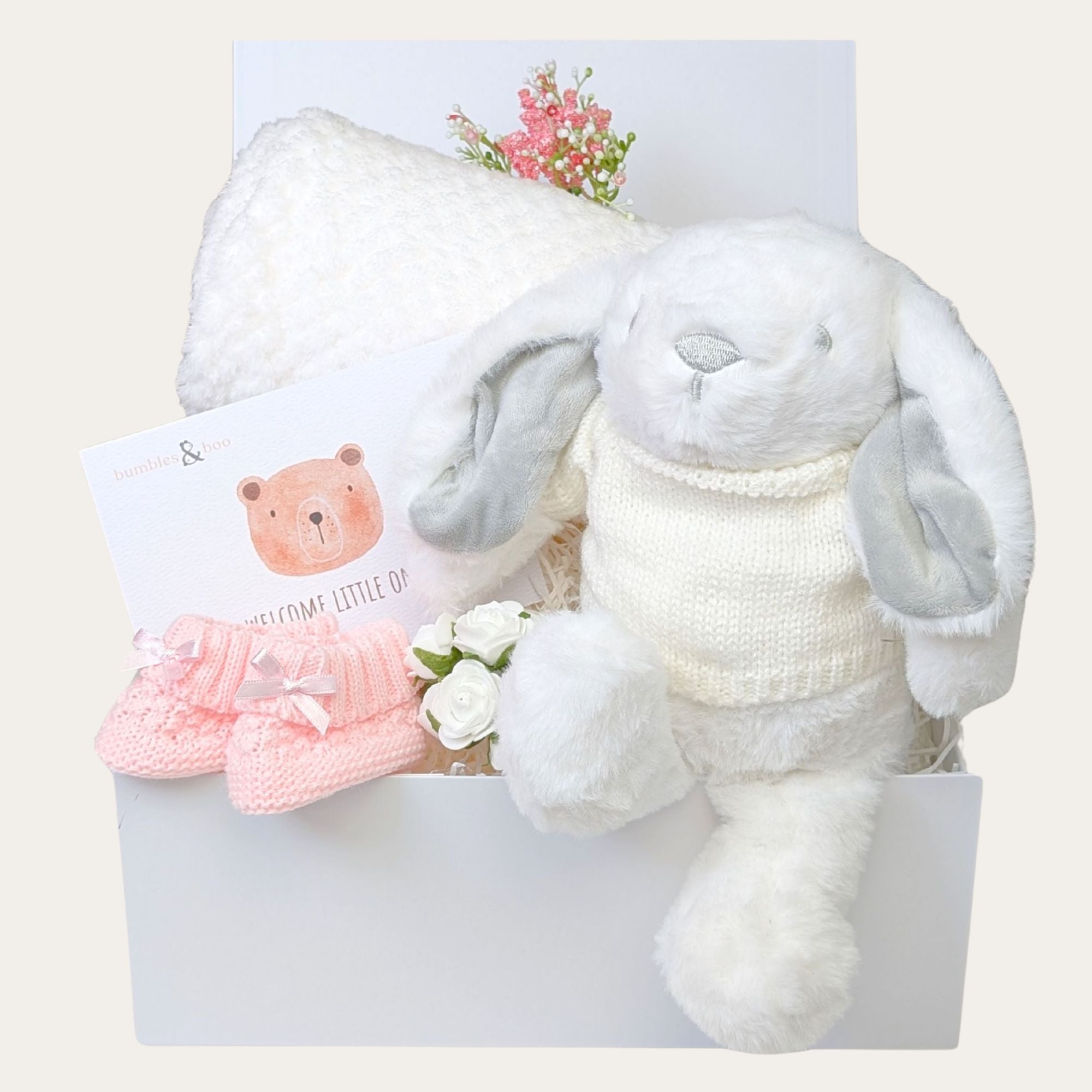 baby girl gift box with bunny, knit baby booties, snuggly blanket. Bumbles and Boo.