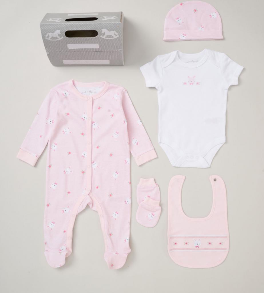 pink baby girl 5 piece clothing gifts set with pink bunny print Bumbles and Boo