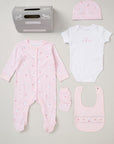 pink baby girl 5 piece clothing gifts set with pink bunny print Bumbles and Boo