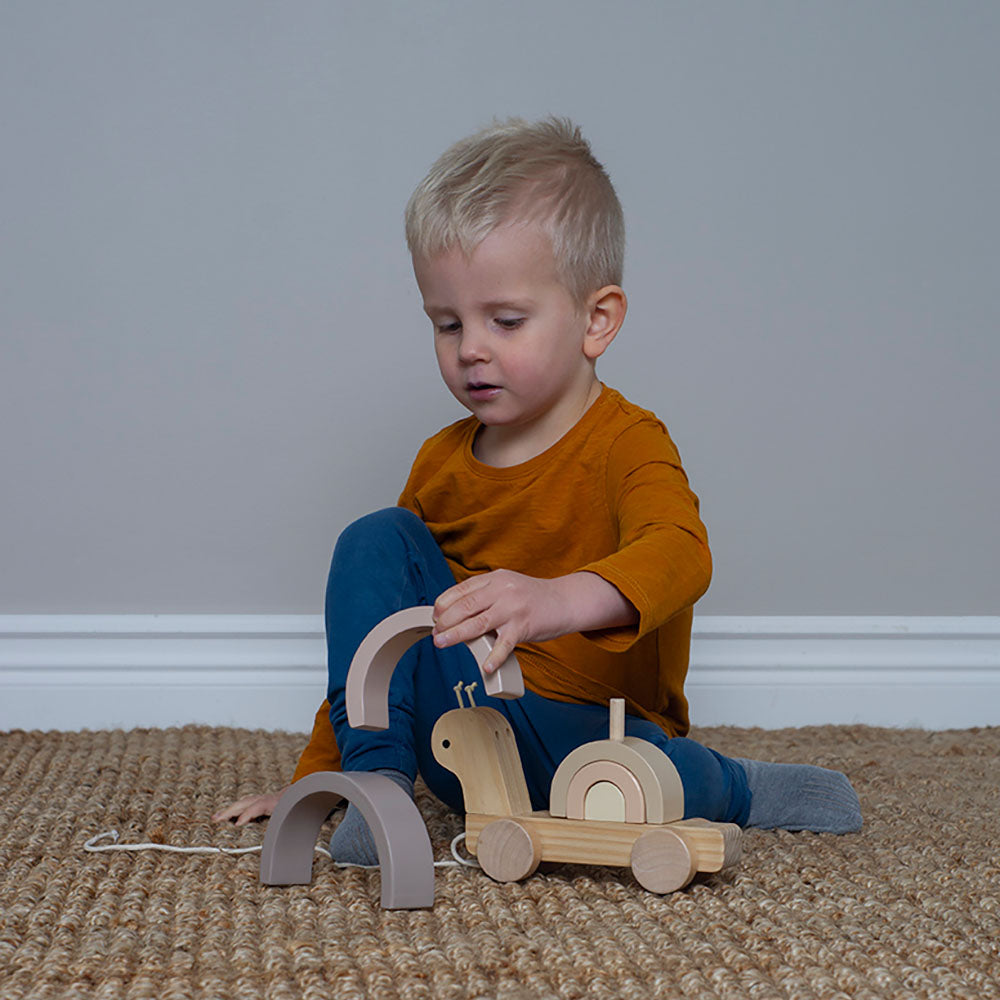 Wooden pull-along snail toy with stackable rainbow in vibrant colours