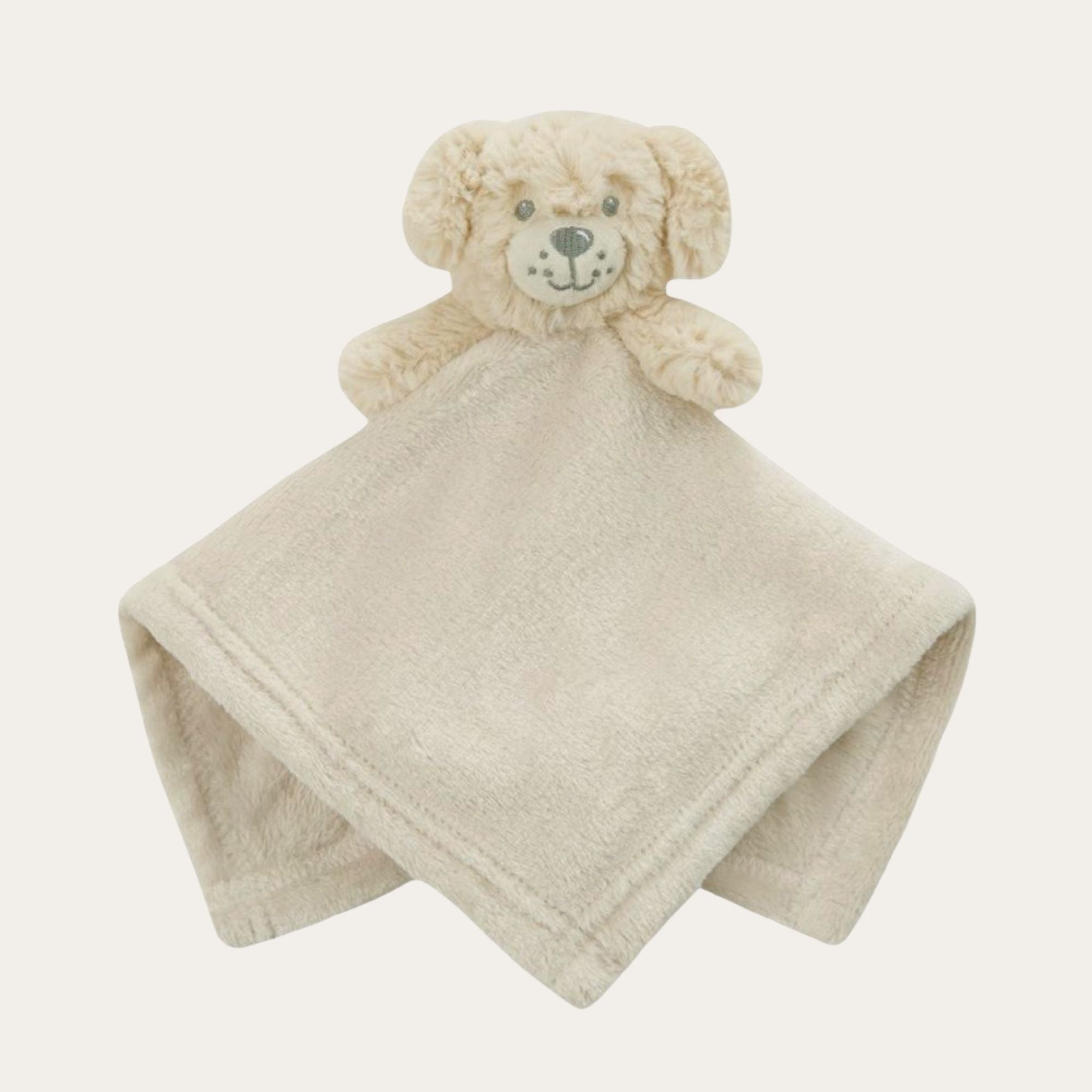 Soft comforter soother toy in a cream unisex colour with an adorable puppy fluffy feel face