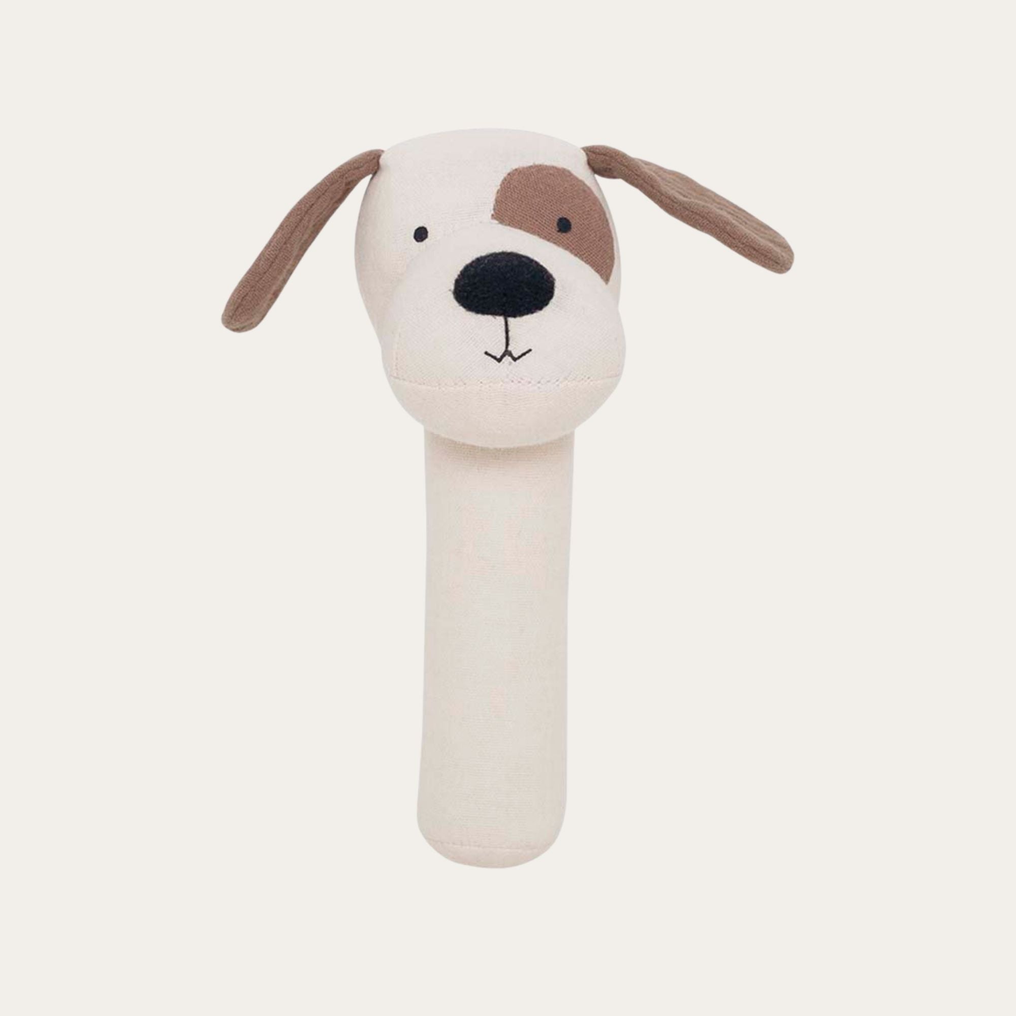 Cute Puppy Baby stick rattle perfect for soft hands and sensory play. 100% cotton. Suitable from birth. 