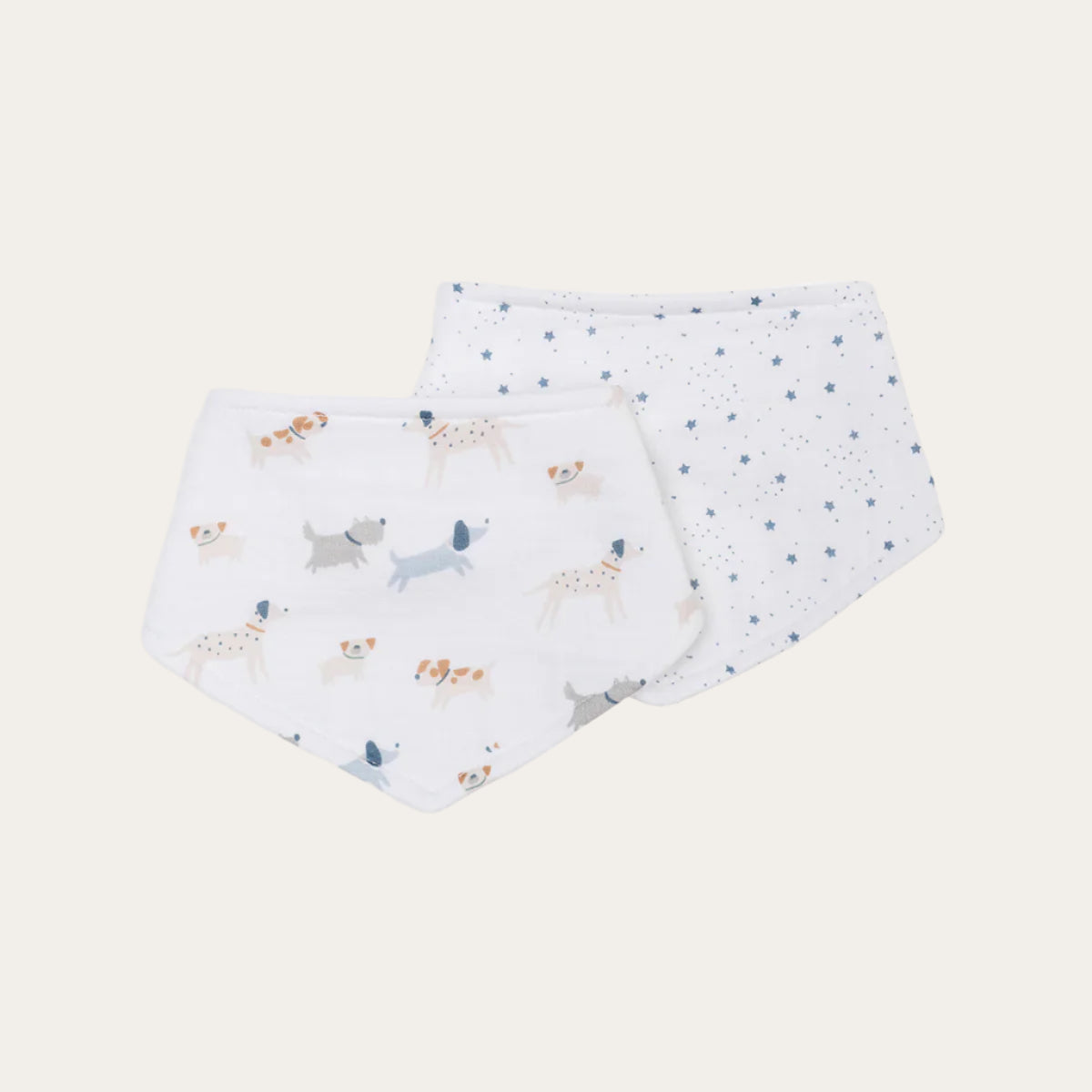 A pair of bandana bibs featuring puppy dog and star designs, made with cotton muslin and terry cloth backing