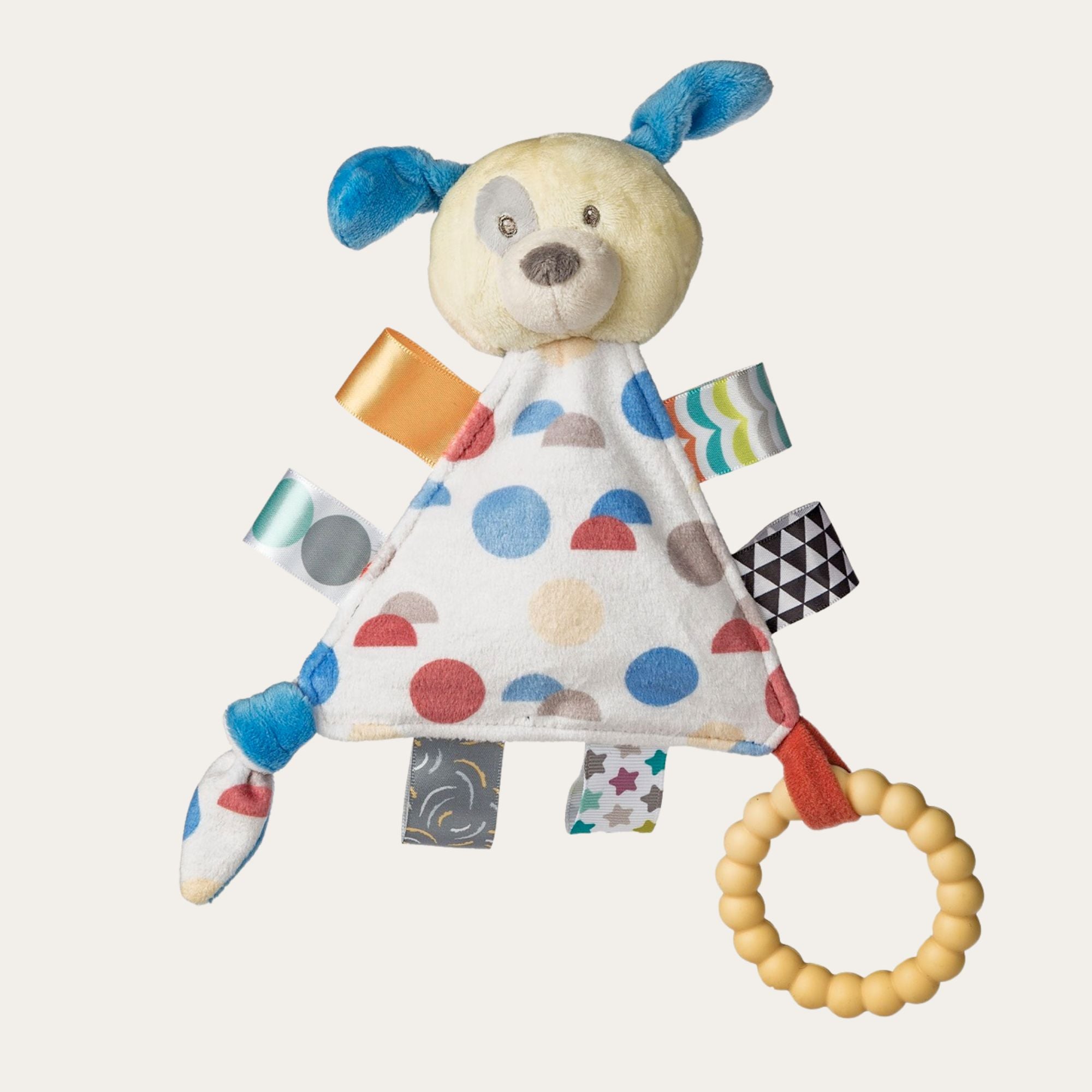 puppy baby teething toy with sensory ribbons. Bumbles and Boo.