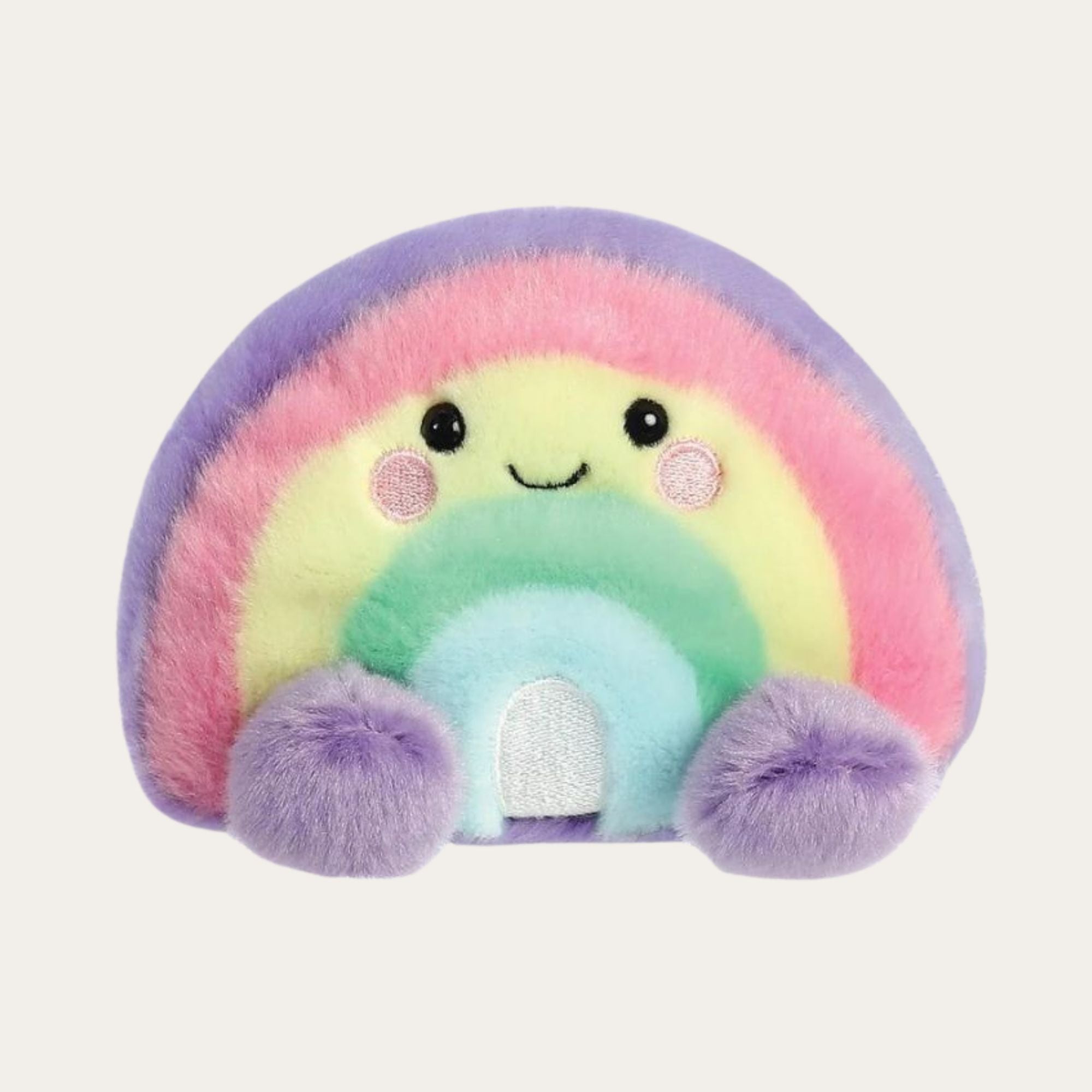 Soft 5 inch plush rainbow cuddle toy in soft pastel colours. Suitable from birth. 